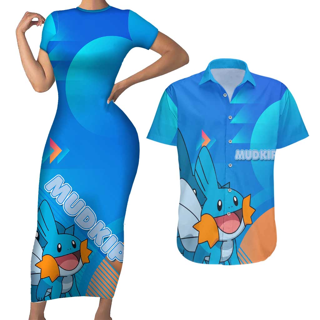 Mudkip Poké Couples Matching Short Sleeve Bodycon Dress and Hawaiian Shirt Playful Blue Gradient Cartoon Style
