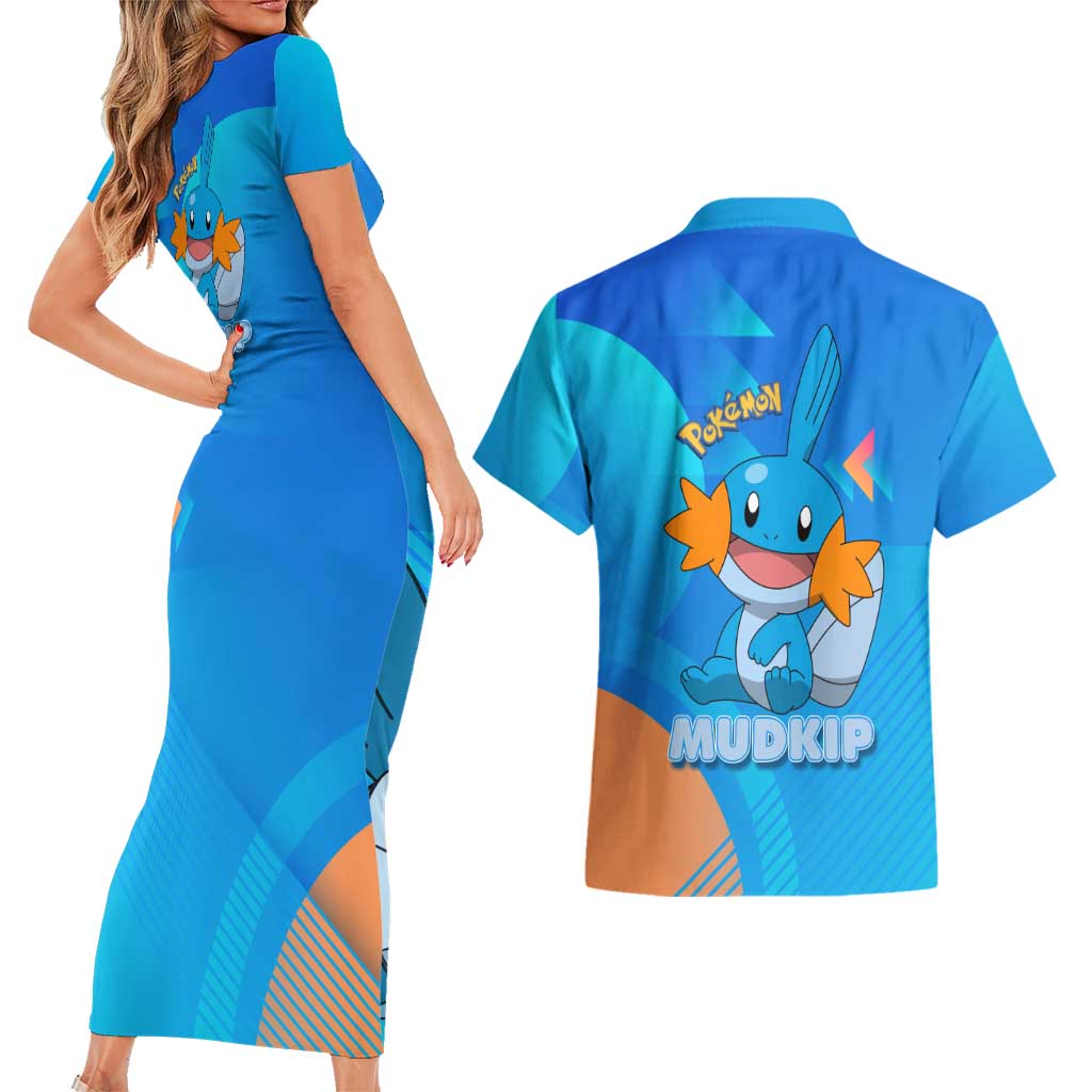 Mudkip Poké Couples Matching Short Sleeve Bodycon Dress and Hawaiian Shirt Playful Blue Gradient Cartoon Style