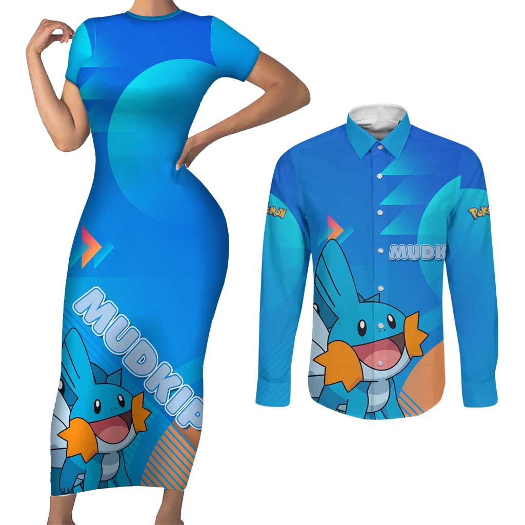 Mudkip Poké Couples Matching Short Sleeve Bodycon Dress and Long Sleeve Button Shirt Playful Blue Gradient Cartoon Style