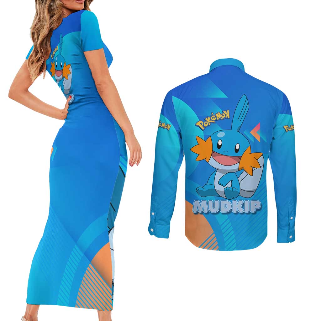 Mudkip Poké Couples Matching Short Sleeve Bodycon Dress and Long Sleeve Button Shirt Playful Blue Gradient Cartoon Style