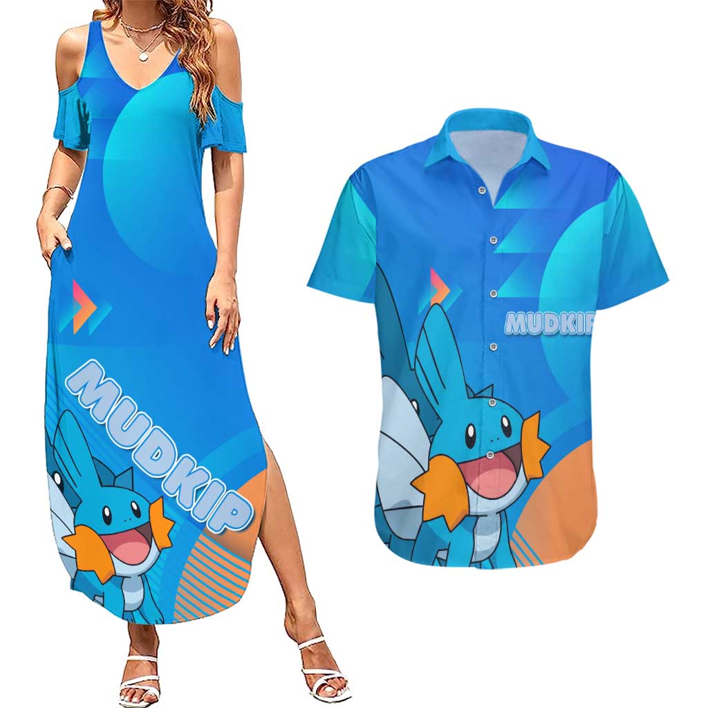 Mudkip Poké Couples Matching Summer Maxi Dress and Hawaiian Shirt Playful Blue Gradient Cartoon Style