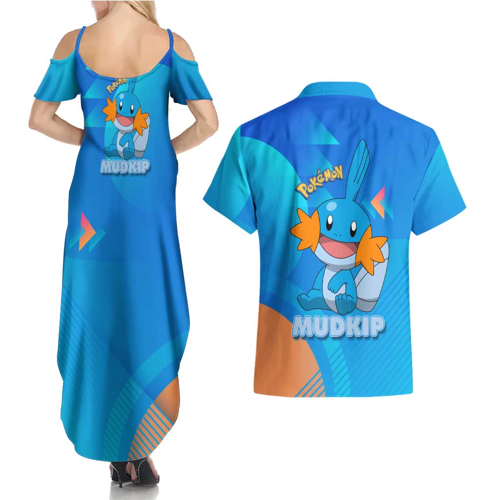 Mudkip Poké Couples Matching Summer Maxi Dress and Hawaiian Shirt Playful Blue Gradient Cartoon Style