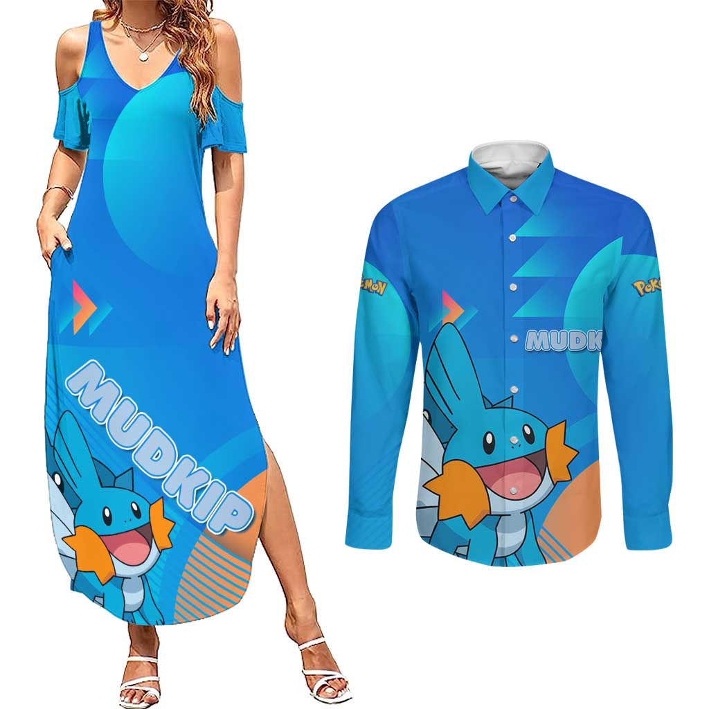 Mudkip Poké Couples Matching Summer Maxi Dress and Long Sleeve Button Shirt Playful Blue Gradient Cartoon Style