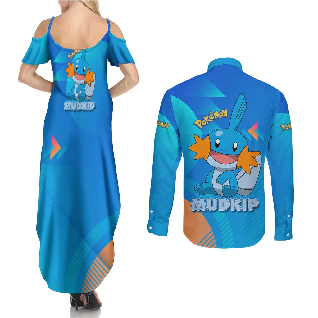 Mudkip Poké Couples Matching Summer Maxi Dress and Long Sleeve Button Shirt Playful Blue Gradient Cartoon Style