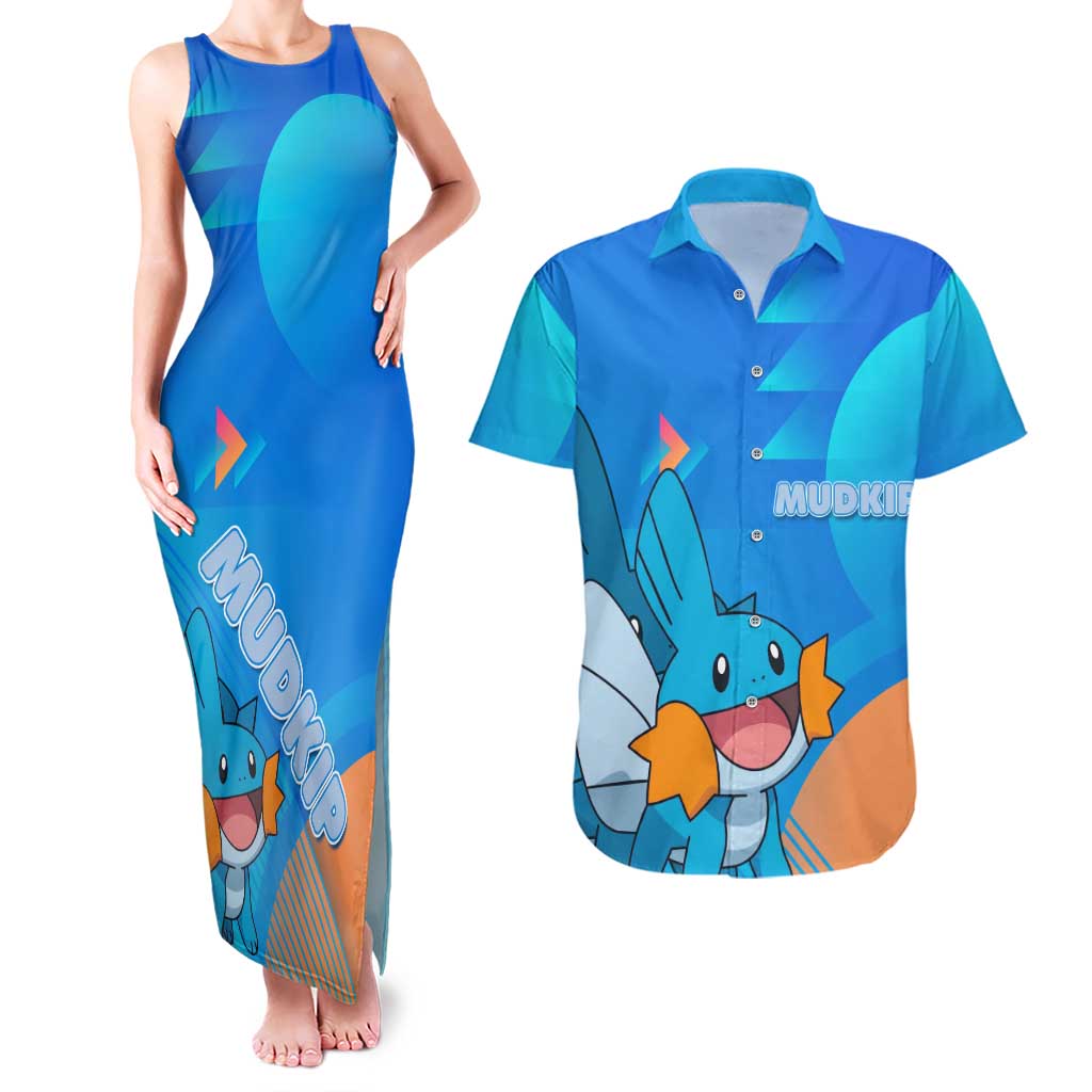 Mudkip Poké Couples Matching Tank Maxi Dress and Hawaiian Shirt Playful Blue Gradient Cartoon Style