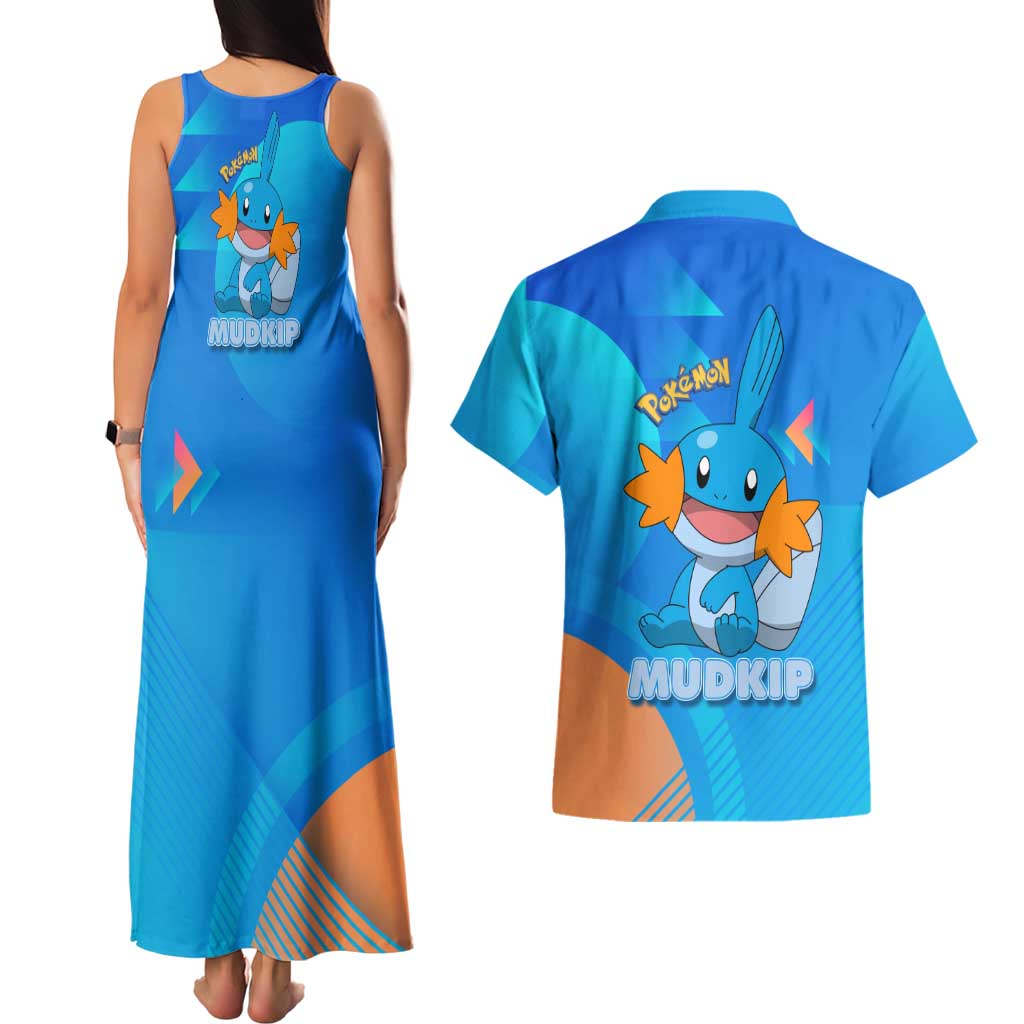 Mudkip Poké Couples Matching Tank Maxi Dress and Hawaiian Shirt Playful Blue Gradient Cartoon Style