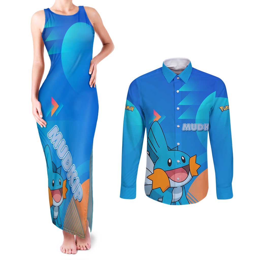 Mudkip Poké Couples Matching Tank Maxi Dress and Long Sleeve Button Shirt Playful Blue Gradient Cartoon Style