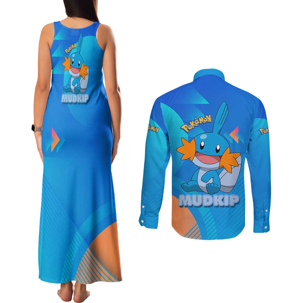 Mudkip Poké Couples Matching Tank Maxi Dress and Long Sleeve Button Shirt Playful Blue Gradient Cartoon Style