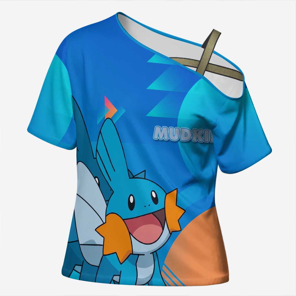 Mudkip Poké Cross Shoulder Shirt Playful Blue Gradient Cartoon Style