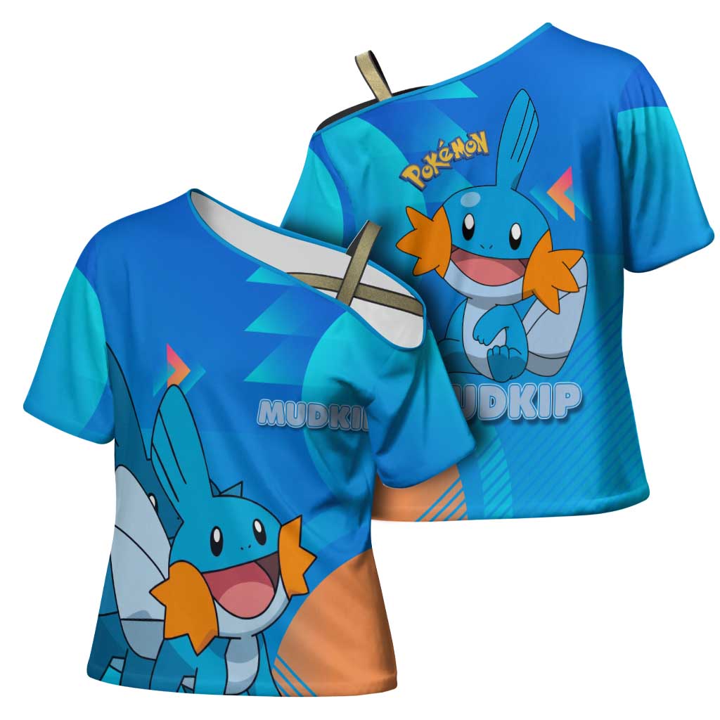 Mudkip Poké Cross Shoulder Shirt Playful Blue Gradient Cartoon Style