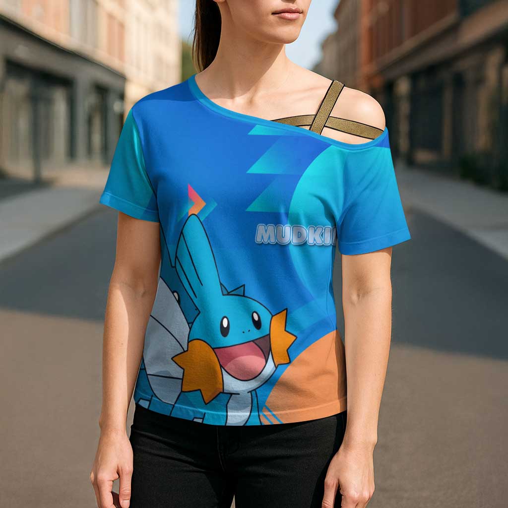 Mudkip Poké Cross Shoulder Shirt Playful Blue Gradient Cartoon Style