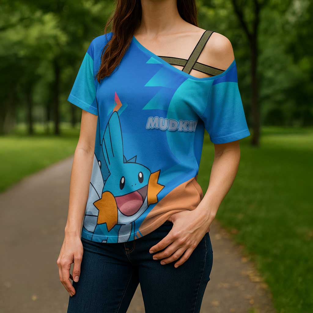 Mudkip Poké Cross Shoulder Shirt Playful Blue Gradient Cartoon Style
