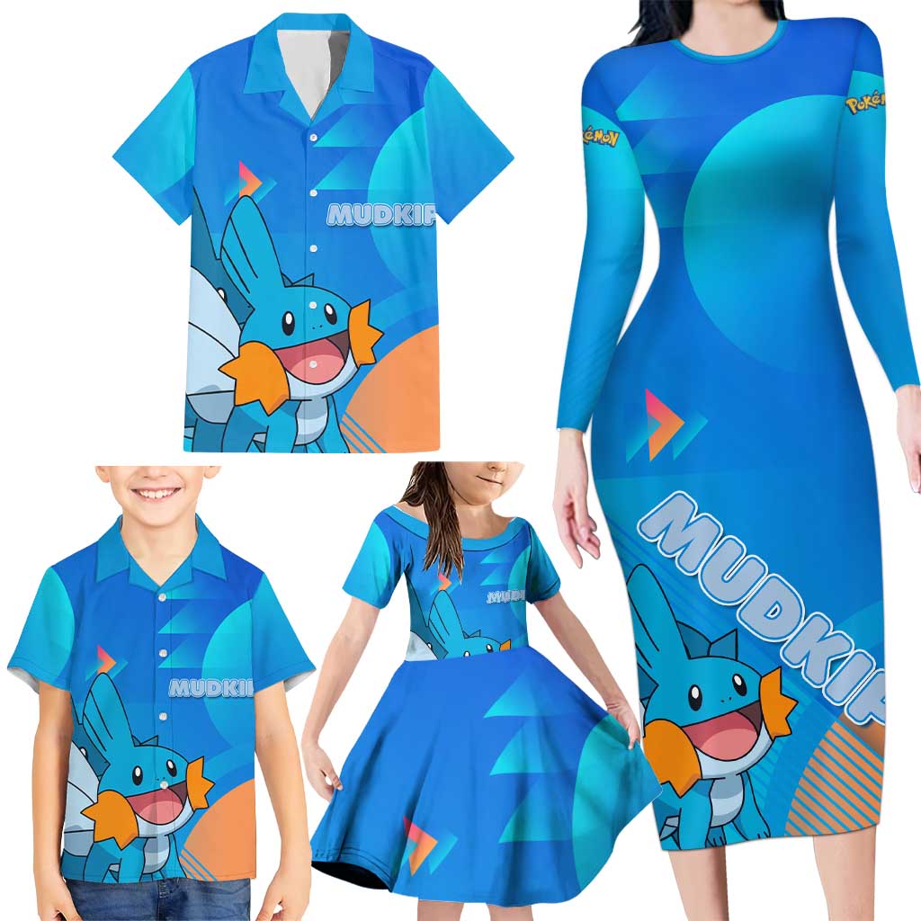 Mudkip Poké Family Matching Long Sleeve Bodycon Dress and Hawaiian Shirt Playful Blue Gradient Cartoon Style