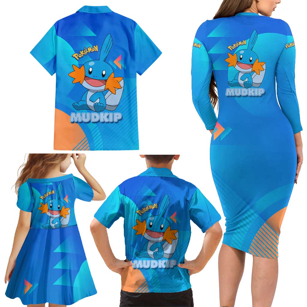 Mudkip Poké Family Matching Long Sleeve Bodycon Dress and Hawaiian Shirt Playful Blue Gradient Cartoon Style