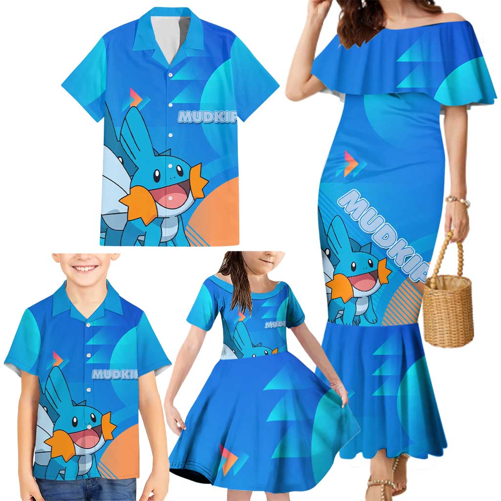 Mudkip Poké Family Matching Mermaid Dress and Hawaiian Shirt Playful Blue Gradient Cartoon Style