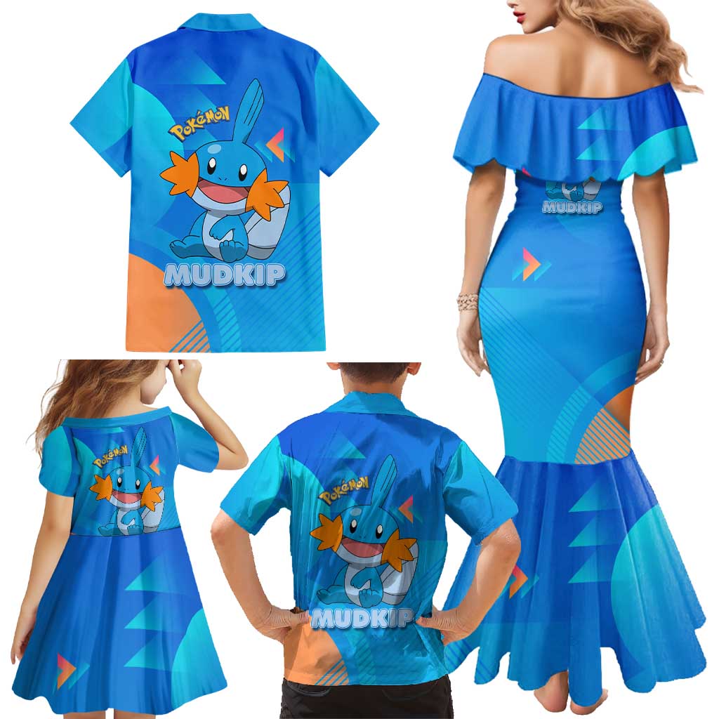 Mudkip Poké Family Matching Mermaid Dress and Hawaiian Shirt Playful Blue Gradient Cartoon Style