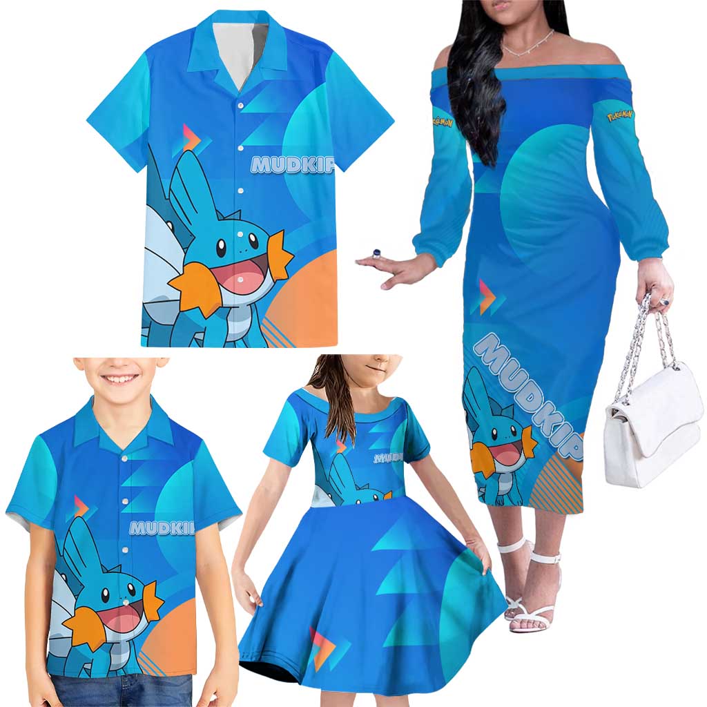 Mudkip Poké Family Matching Off The Shoulder Long Sleeve Dress and Hawaiian Shirt Playful Blue Gradient Cartoon Style