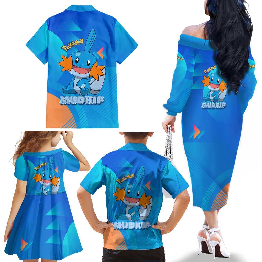 Mudkip Poké Family Matching Off The Shoulder Long Sleeve Dress and Hawaiian Shirt Playful Blue Gradient Cartoon Style