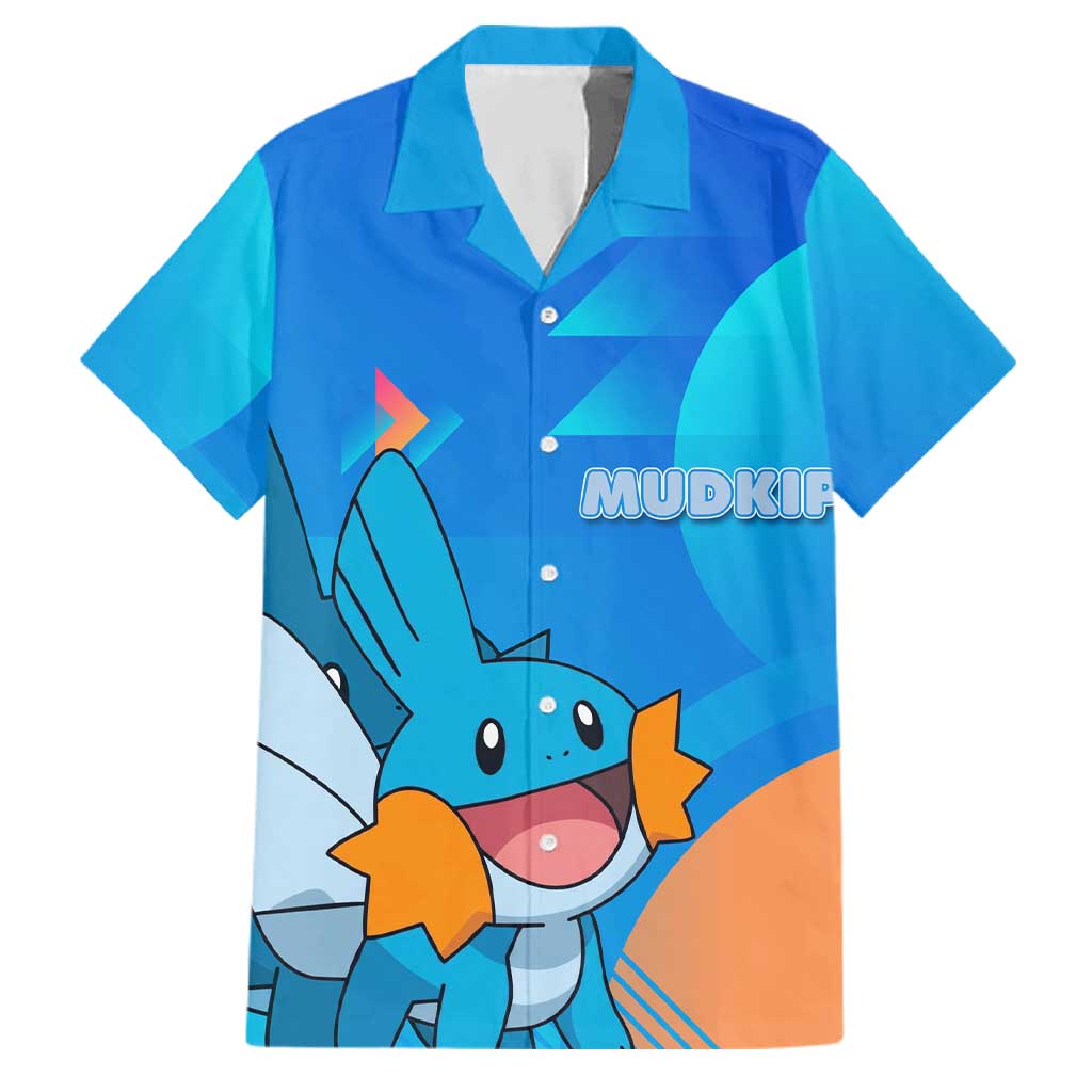 Mudkip Poké Family Matching Off The Shoulder Long Sleeve Dress and Hawaiian Shirt Playful Blue Gradient Cartoon Style