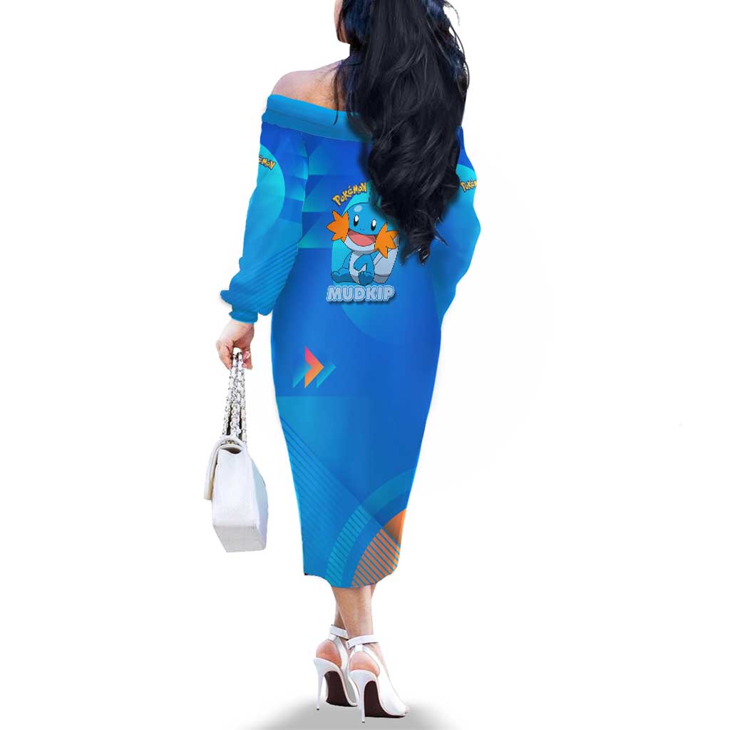 Mudkip Poké Family Matching Off The Shoulder Long Sleeve Dress and Hawaiian Shirt Playful Blue Gradient Cartoon Style