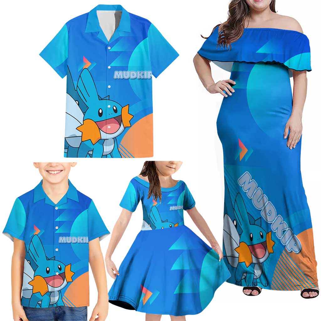 Mudkip Poké Family Matching Off Shoulder Maxi Dress and Hawaiian Shirt Playful Blue Gradient Cartoon Style