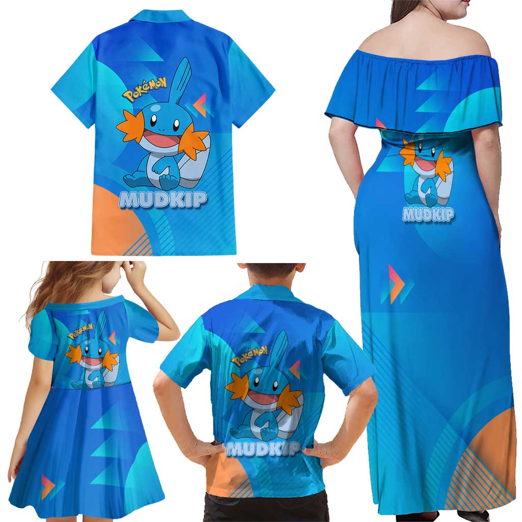 Mudkip Poké Family Matching Off Shoulder Maxi Dress and Hawaiian Shirt Playful Blue Gradient Cartoon Style