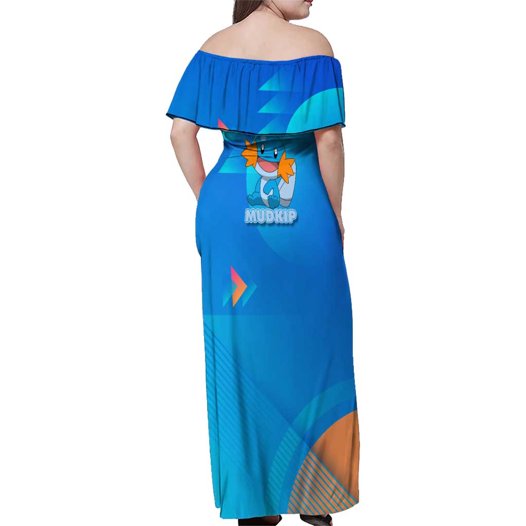 Mudkip Poké Family Matching Off Shoulder Maxi Dress and Hawaiian Shirt Playful Blue Gradient Cartoon Style
