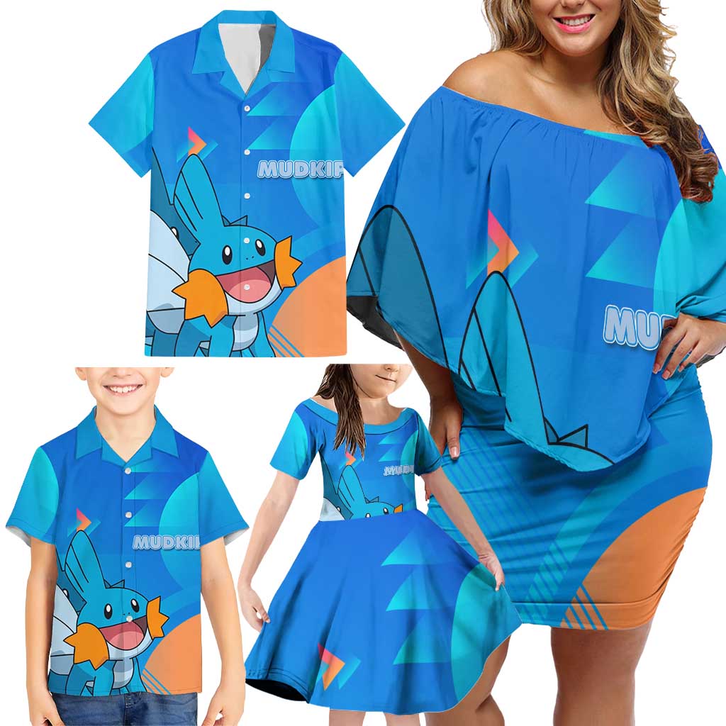Mudkip Poké Family Matching Off Shoulder Short Dress and Hawaiian Shirt Playful Blue Gradient Cartoon Style