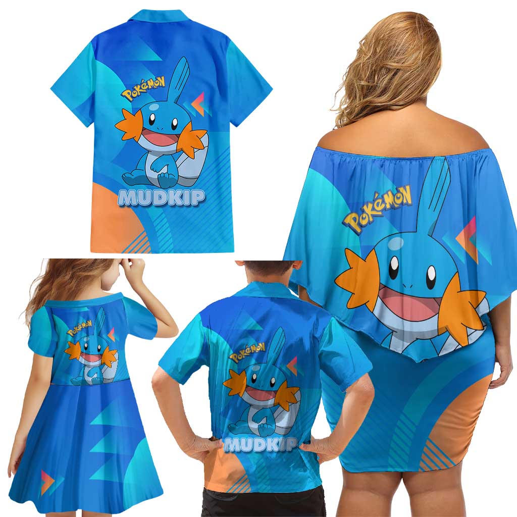 Mudkip Poké Family Matching Off Shoulder Short Dress and Hawaiian Shirt Playful Blue Gradient Cartoon Style