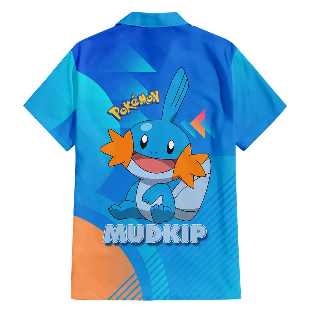 Mudkip Poké Family Matching Off Shoulder Short Dress and Hawaiian Shirt Playful Blue Gradient Cartoon Style