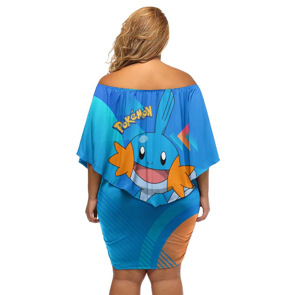 Mudkip Poké Family Matching Off Shoulder Short Dress and Hawaiian Shirt Playful Blue Gradient Cartoon Style