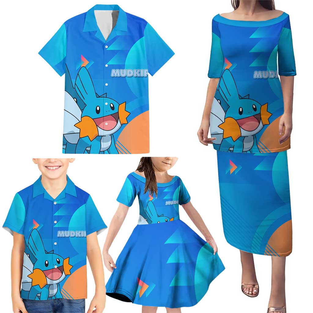 Mudkip Poké Family Matching Puletasi and Hawaiian Shirt Playful Blue Gradient Cartoon Style