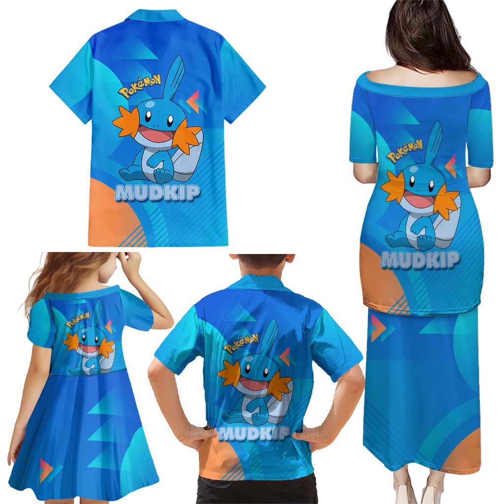 Mudkip Poké Family Matching Puletasi and Hawaiian Shirt Playful Blue Gradient Cartoon Style