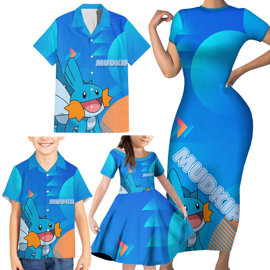 Mudkip Poké Family Matching Short Sleeve Bodycon Dress and Hawaiian Shirt Playful Blue Gradient Cartoon Style