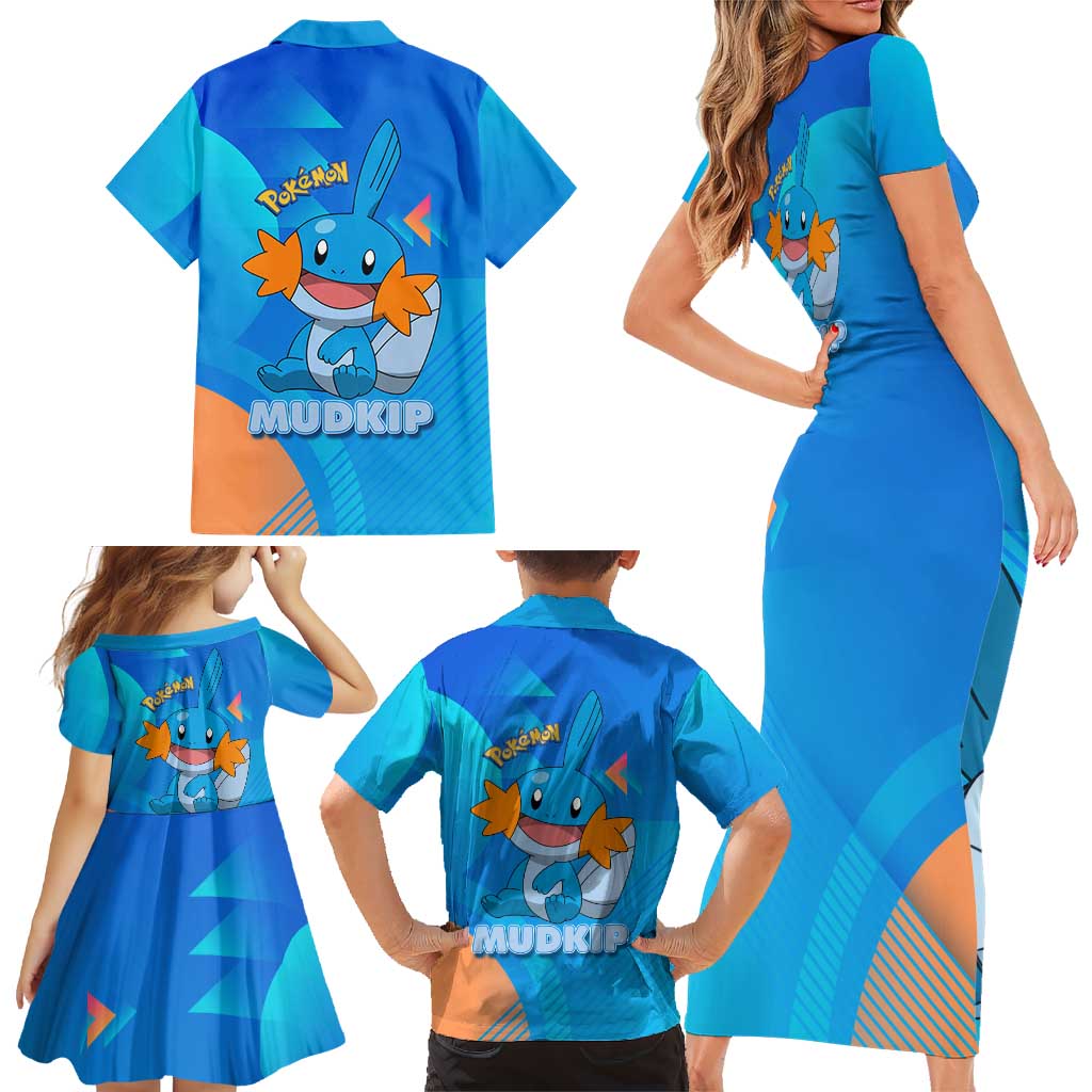 Mudkip Poké Family Matching Short Sleeve Bodycon Dress and Hawaiian Shirt Playful Blue Gradient Cartoon Style