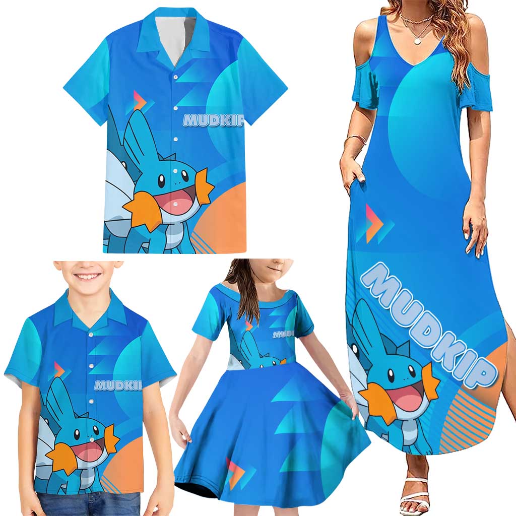 Mudkip Poké Family Matching Summer Maxi Dress and Hawaiian Shirt Playful Blue Gradient Cartoon Style