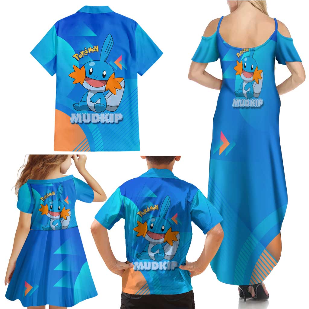 Mudkip Poké Family Matching Summer Maxi Dress and Hawaiian Shirt Playful Blue Gradient Cartoon Style
