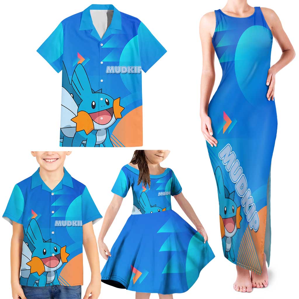 Mudkip Poké Family Matching Tank Maxi Dress and Hawaiian Shirt Playful Blue Gradient Cartoon Style