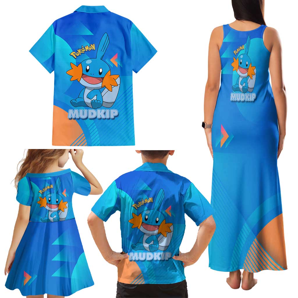 Mudkip Poké Family Matching Tank Maxi Dress and Hawaiian Shirt Playful Blue Gradient Cartoon Style