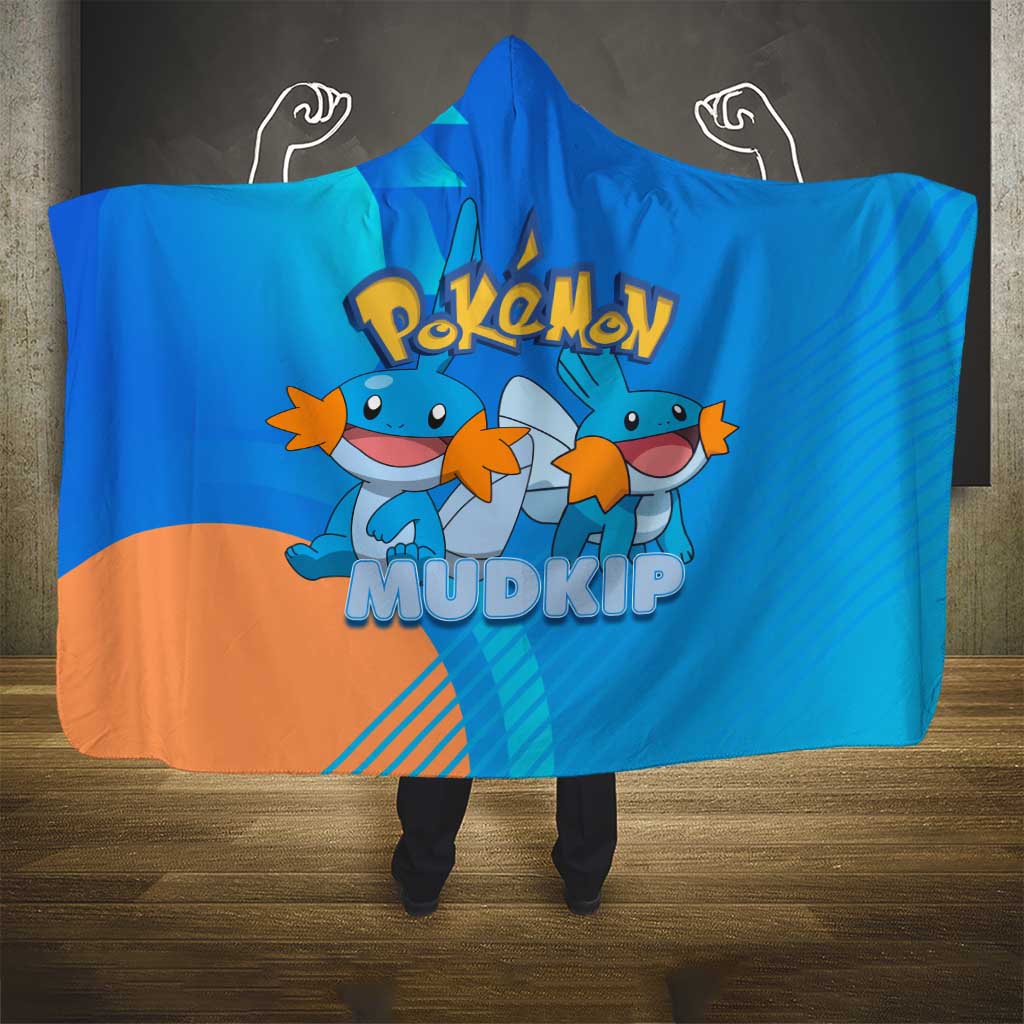 Mudkip Poké Hooded Blanket Playful Blue Gradient Cartoon Style