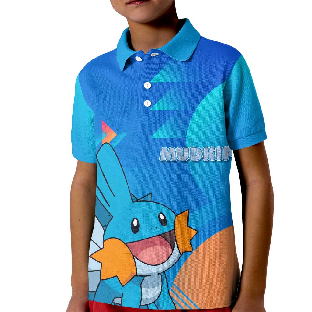 Mudkip Poké Kid Polo Shirt Playful Blue Gradient Cartoon Style