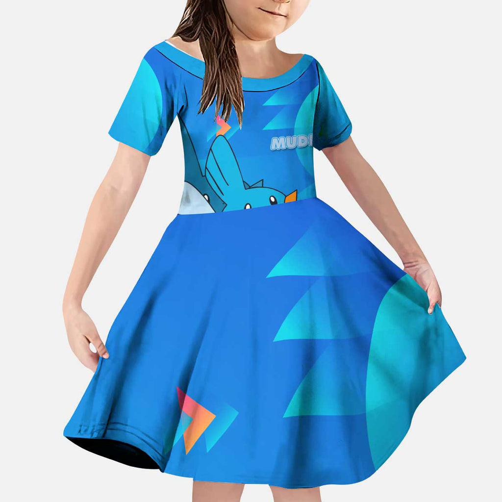 Mudkip Poké Kid Short Sleeve Dress Playful Blue Gradient Cartoon Style