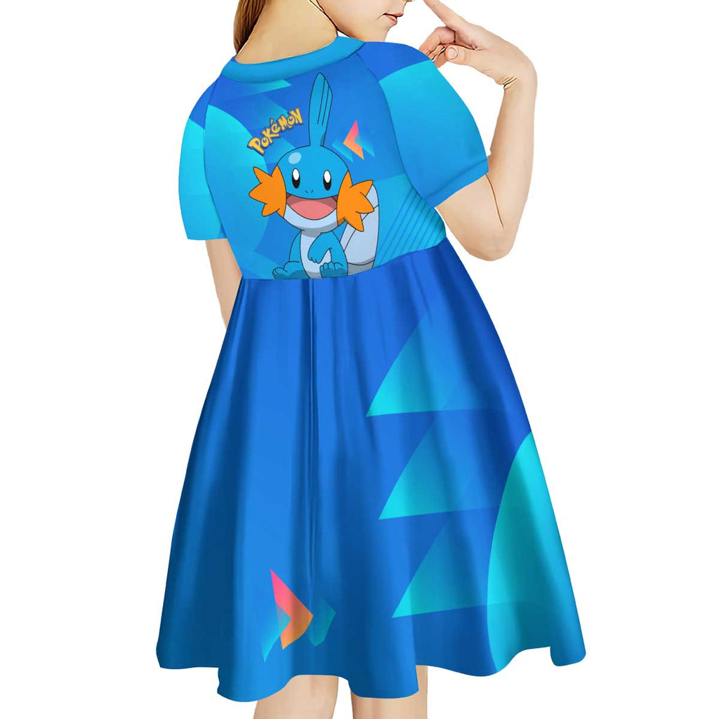 Mudkip Poké Kid Short Sleeve Dress Playful Blue Gradient Cartoon Style
