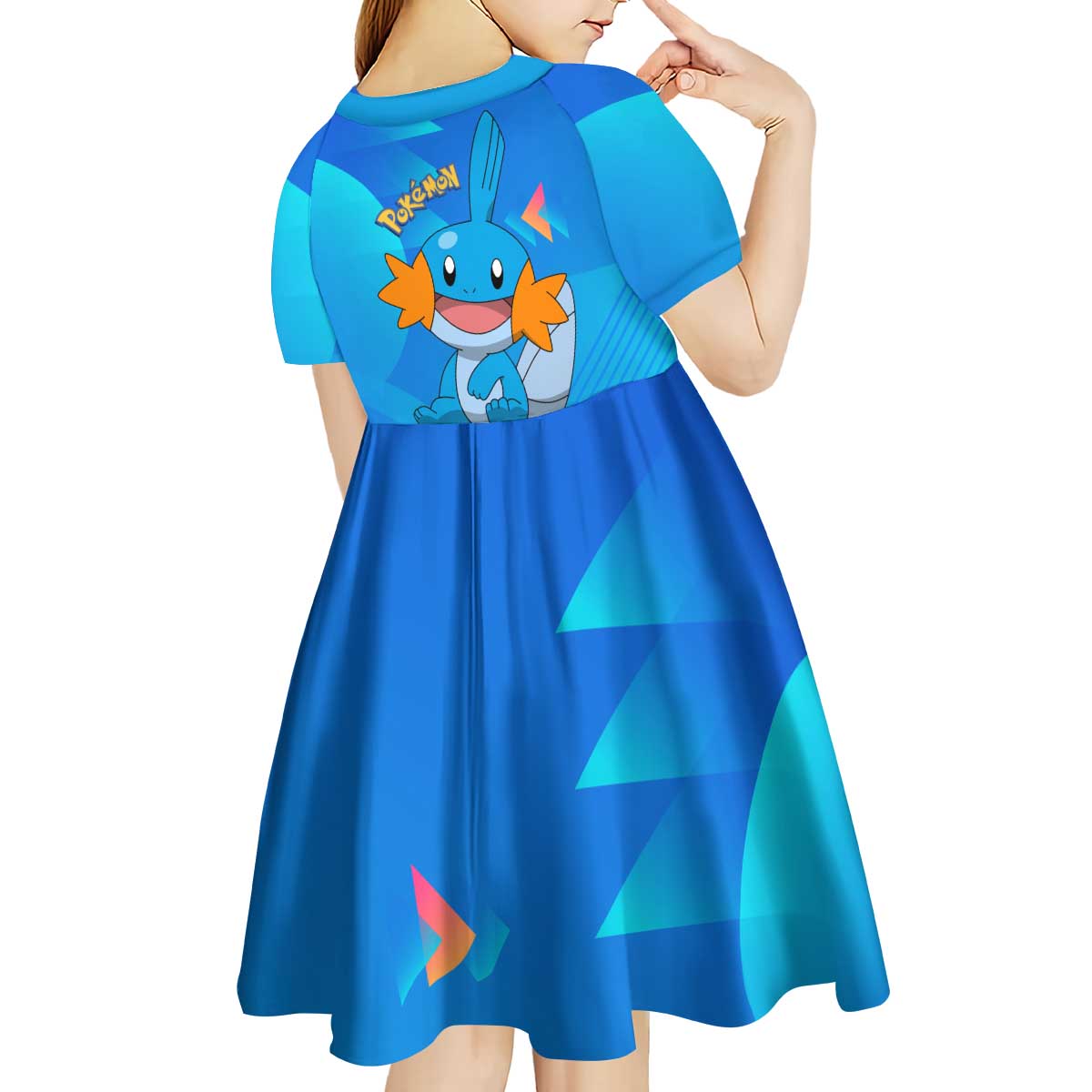 Mudkip Poké Kid Short Sleeve Dress Playful Blue Gradient Cartoon Style