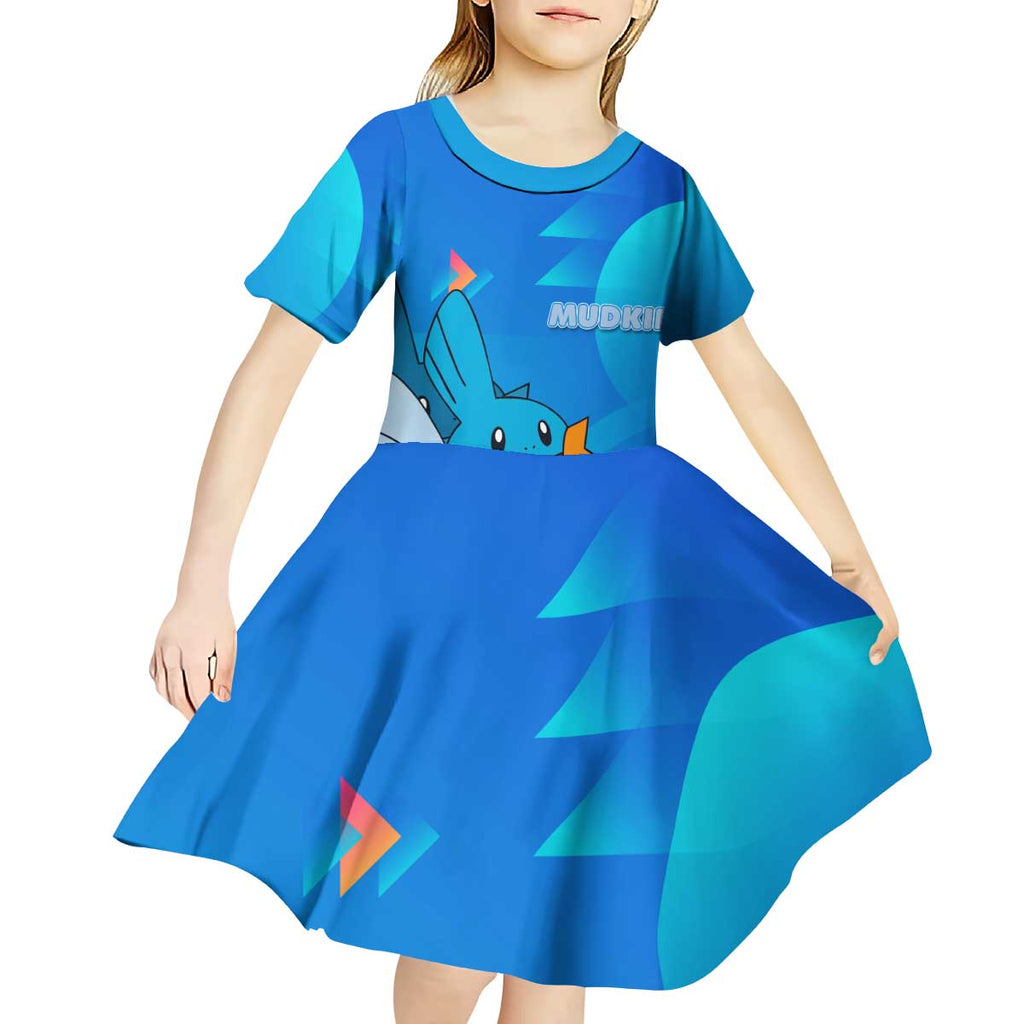 Mudkip Poké Kid Short Sleeve Dress Playful Blue Gradient Cartoon Style