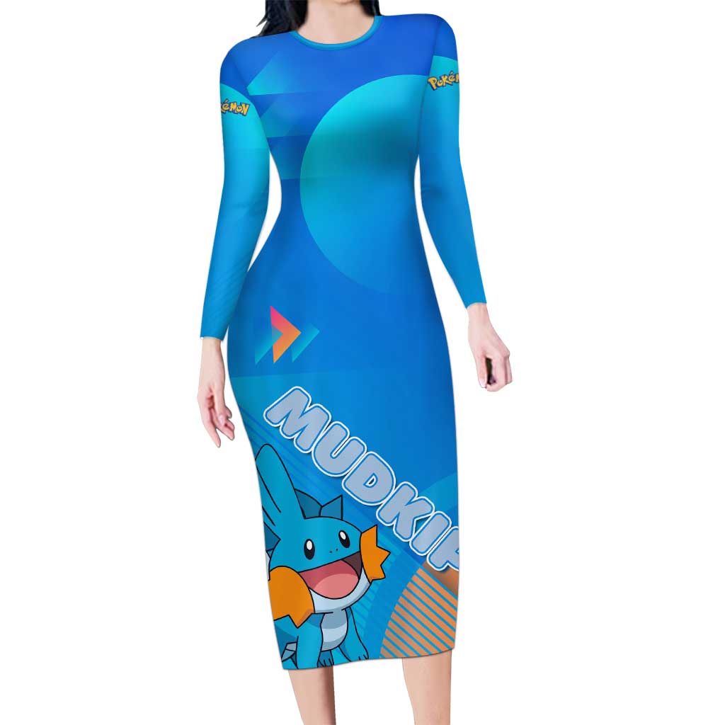 Mudkip Poké Long Sleeve Bodycon Dress Playful Blue Gradient Cartoon Style