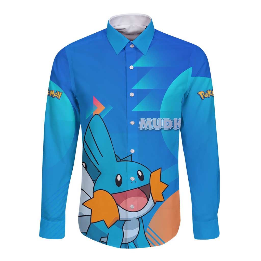 Mudkip Poké Long Sleeve Button Shirt Playful Blue Gradient Cartoon Style