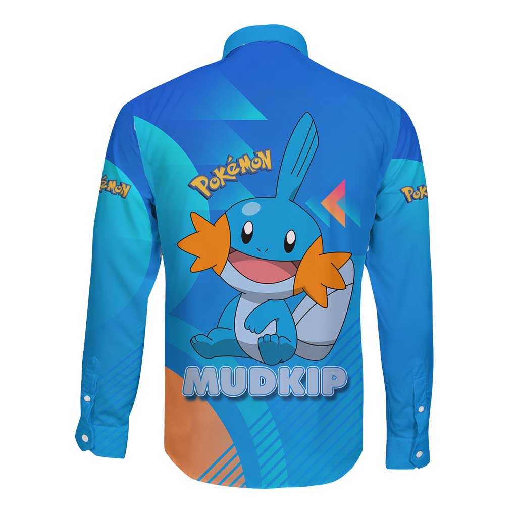 Mudkip Poké Long Sleeve Button Shirt Playful Blue Gradient Cartoon Style