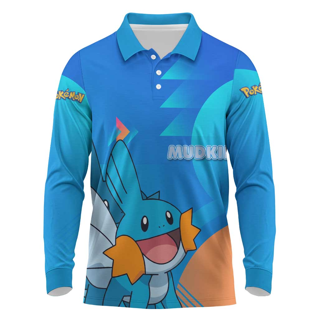 Mudkip Poké Long Sleeve Polo Shirt Playful Blue Gradient Cartoon Style