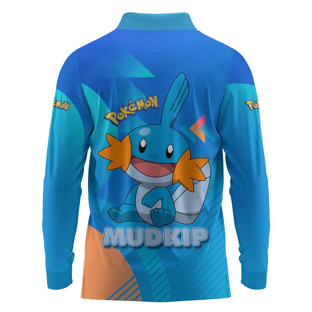 Mudkip Poké Long Sleeve Polo Shirt Playful Blue Gradient Cartoon Style